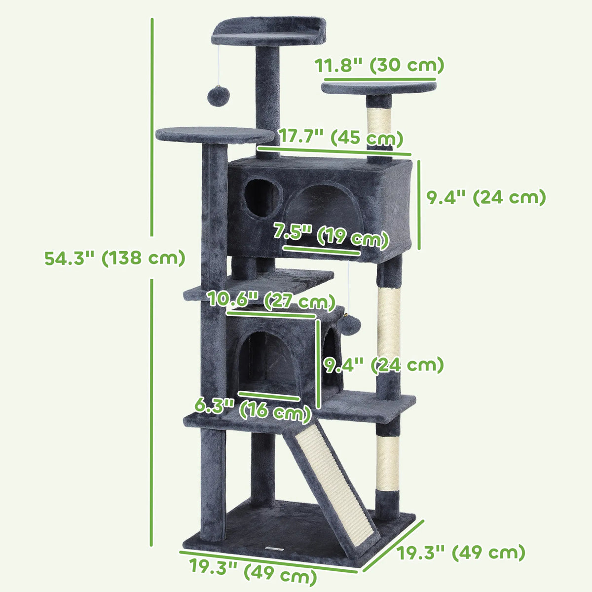 54" Cat Tree, Multi-Level Cat Tower with Scratching Posts, Cat Condos, Bed, Platforms, Ramp, Toy Ball, Dark Grey