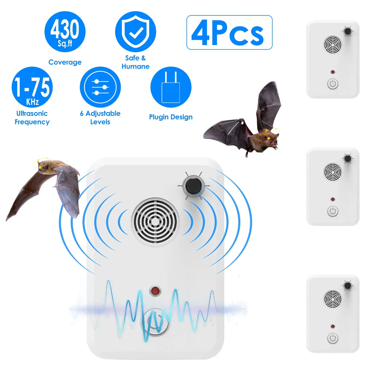 4 Packs Ultrasonic Pest Repeller, 1-75KHz 6 Adjustable Levels for Bats Birds Mice, Humane Indoor Pest Control