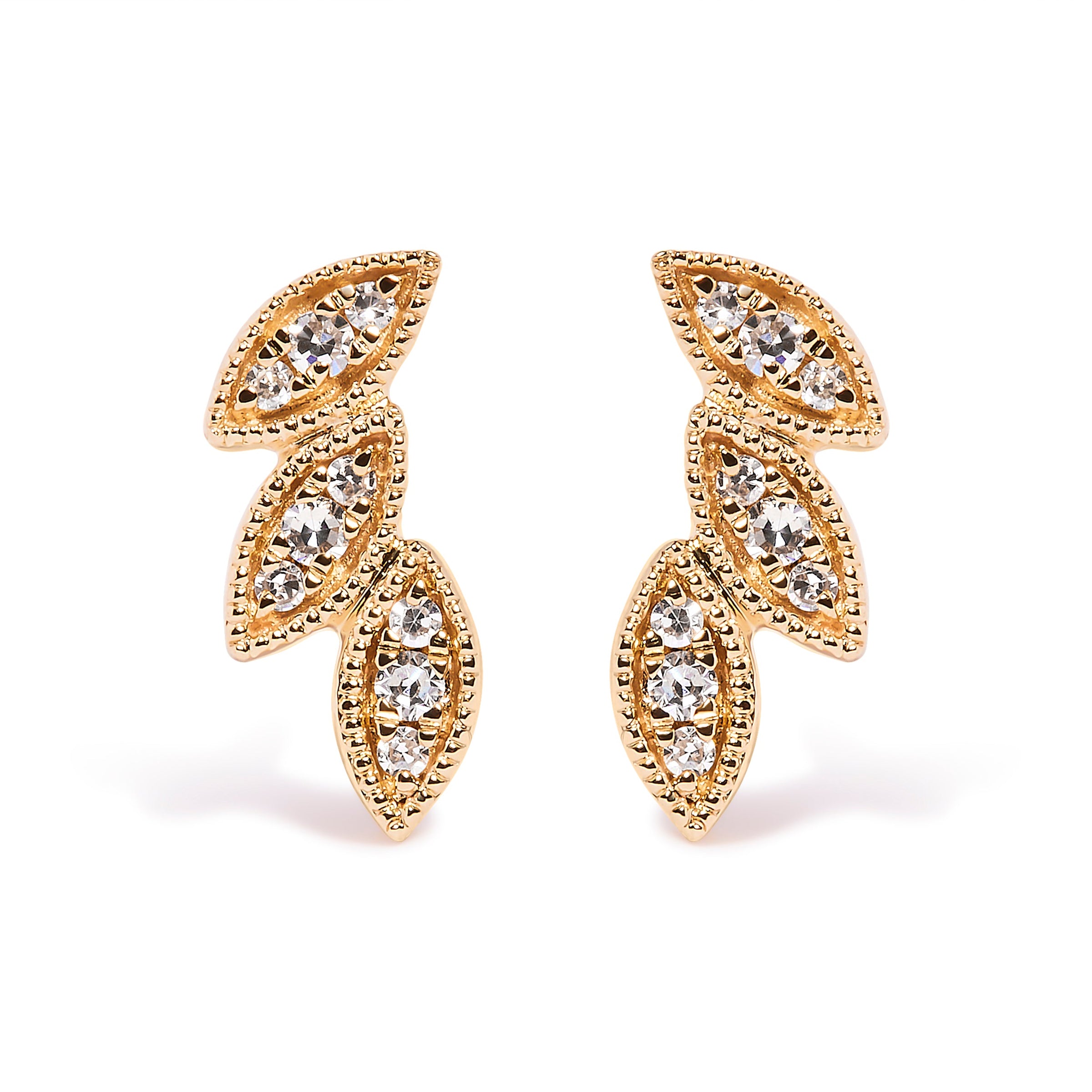 10K Yellow Gold 1/10 Cttw Diamond Triple Leaf Stud Earring (H-I Color, I1-I2 Clarity)