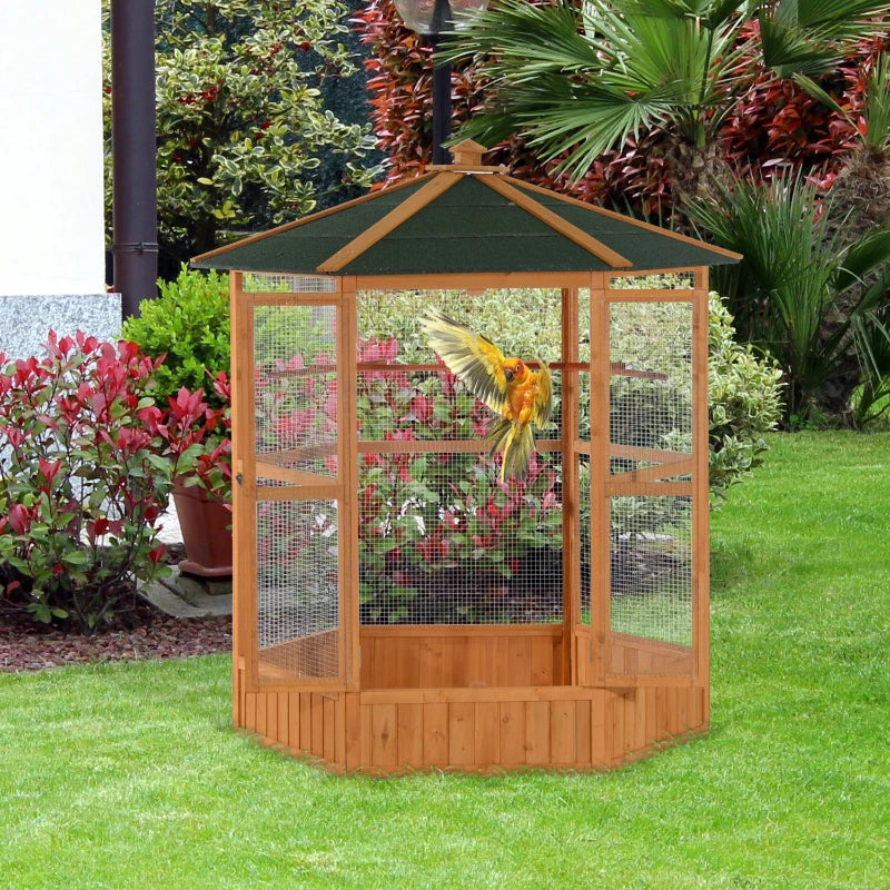 PawHut 69 Wooden Hexagonal Outdoor Aviary Flight Bird Cage With Covered Roof, BrownFor Multiple Packages, Please Pay Att