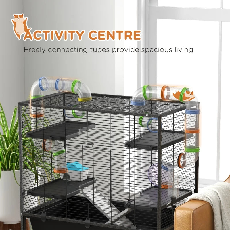 Small Animal Cage For Syrian Hamster, Gerbil Cage With Tubing System, Running Wheel, Ramps, Platforms