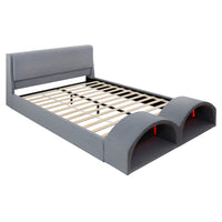 Queen Size Upholstered Platform Bed Frame with Dual Cat Caves, LED Lighted Pet Nests at Footboard, Gray