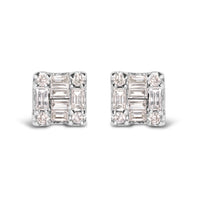 10K White Gold 1/7 Cttw Round and Baguette Diamond Mosaic Square Stud Earrings (H-I Color, I1-I2 Clarity)
