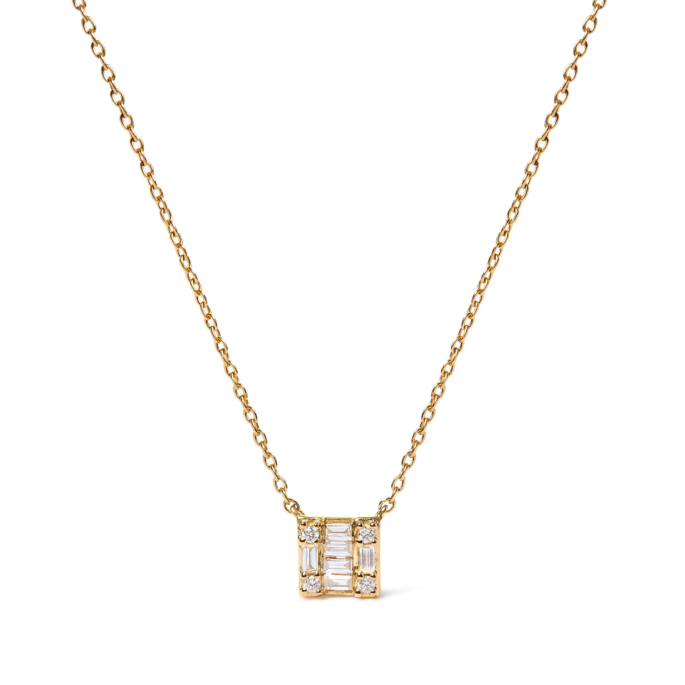 10K Yellow Gold 1/10 Cttw Round and Baguette Diamond Mosaic Composite Square 18" Inch Pendant Necklace (H-I Color, I1-I2 Clarity)