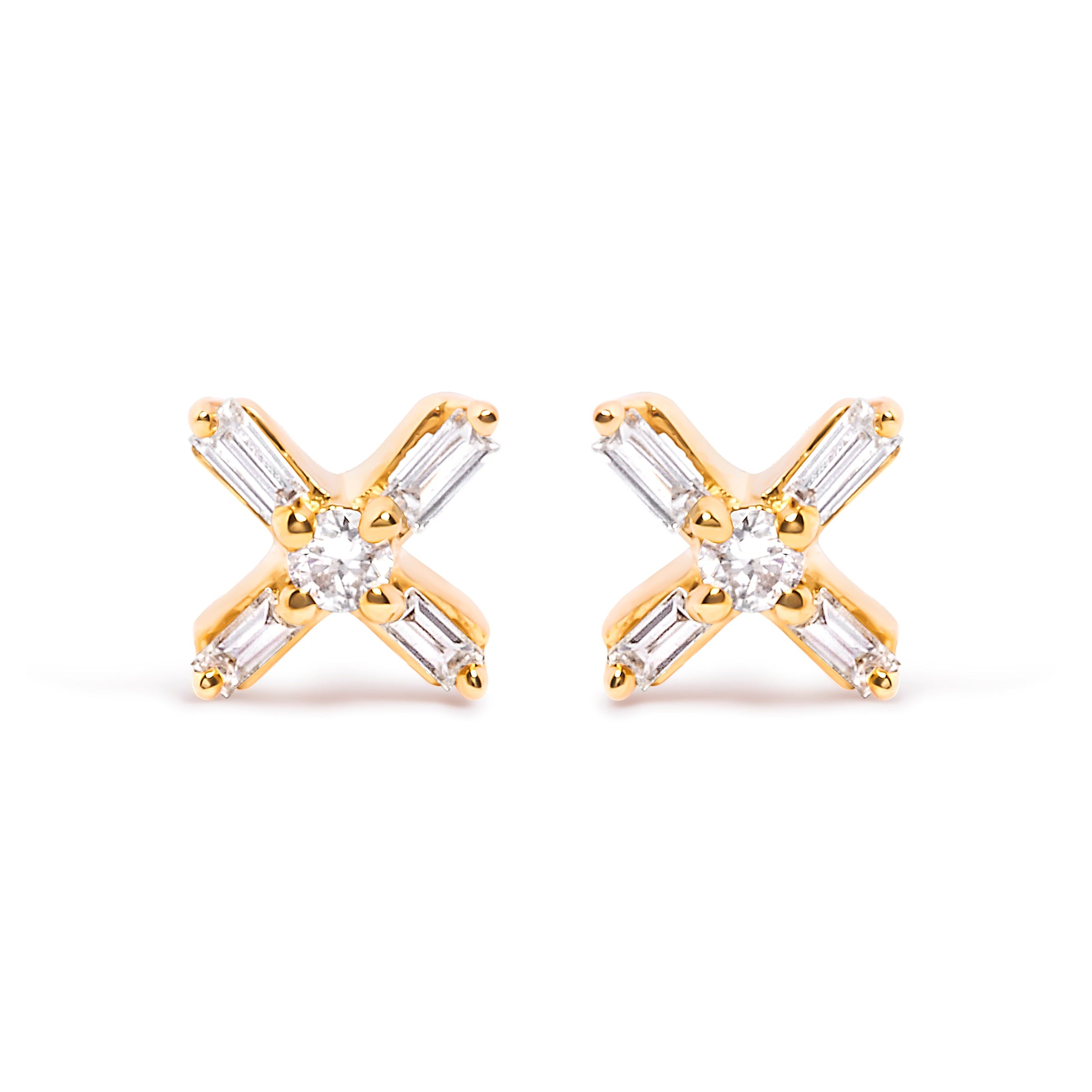 10K Yellow Gold 1/10 Cttw Round and Baguette Diamond Criss Cross X Stud Earring (H-I Color, I1-I2 Clarity)