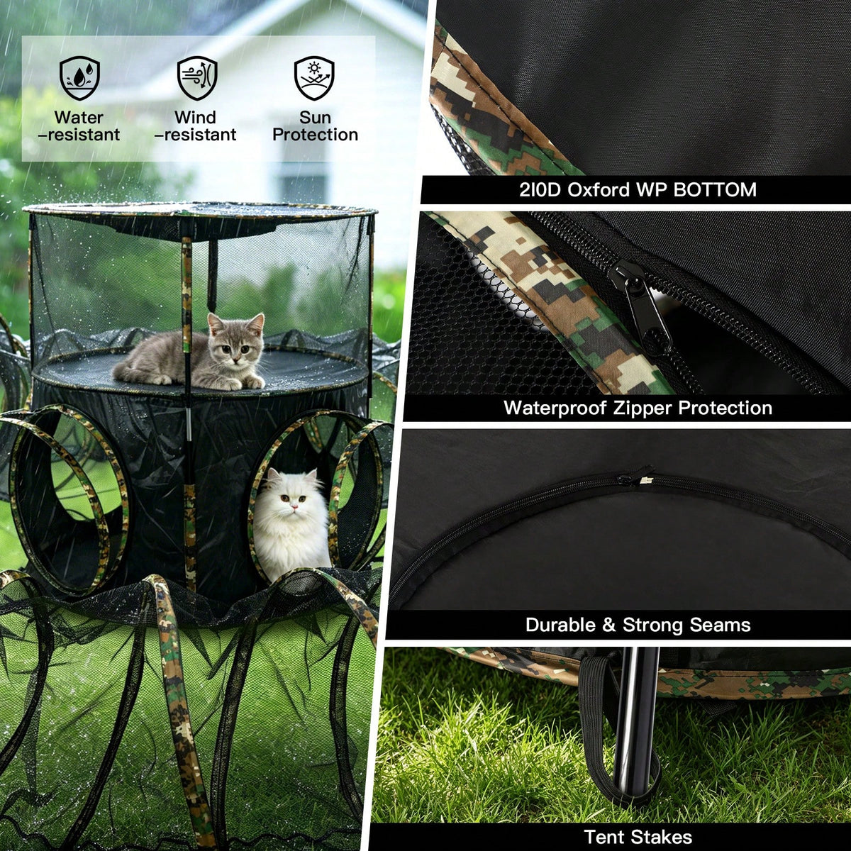 3 In1 Catio Outdoor Cat Enclosure, 2-Tier Cat Tents With Tunnels For Indoor Cats Pop Up Cube, Pet Tower Playpen With Tun