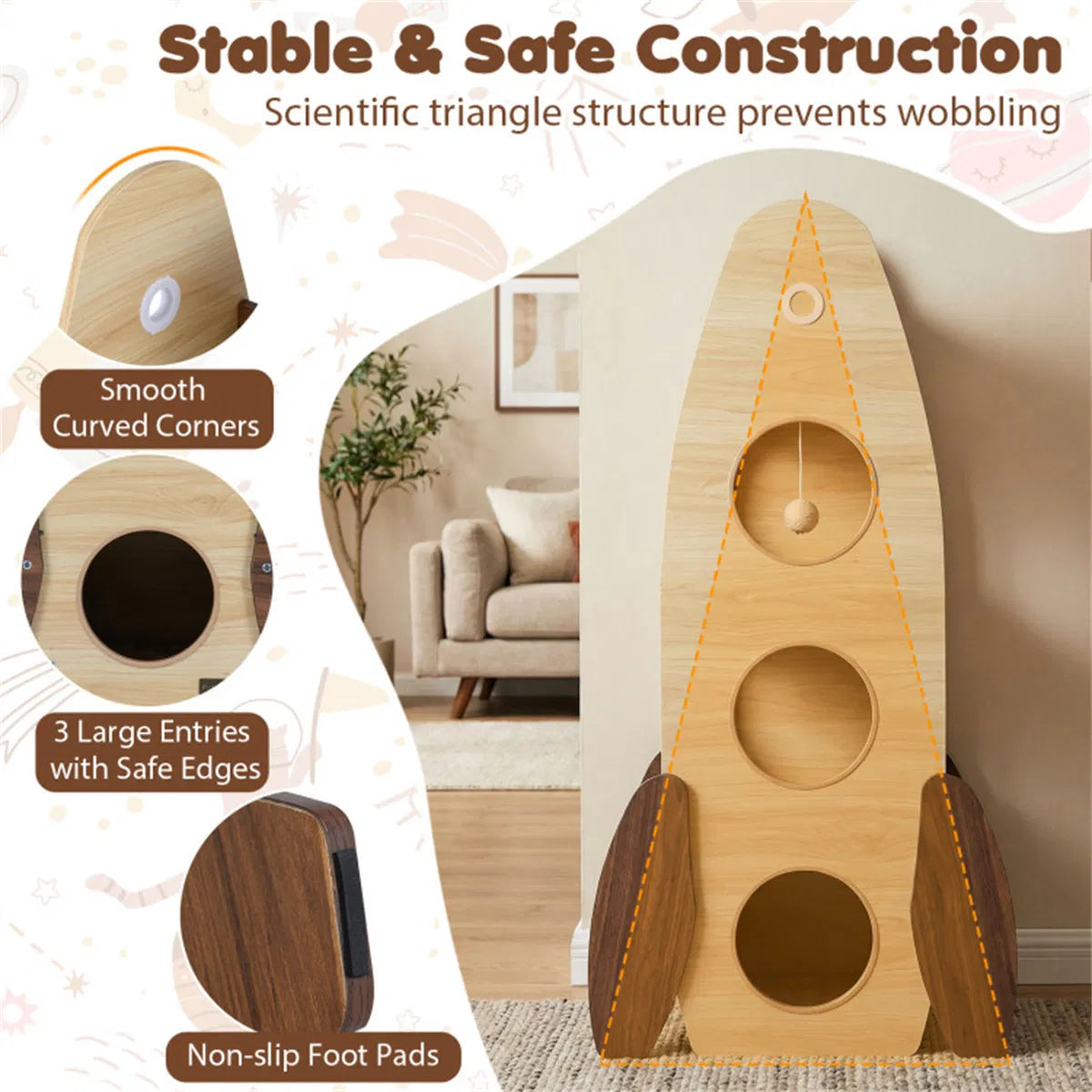 4-Tier Rocket Shape Cat Tree with 2-Tier Condo Sisal Scratch Pad Hanging Pompom Natural+White