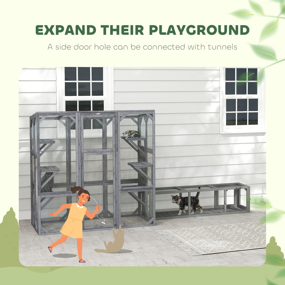 Large Wooden Catio Outdoor with 6 Jumping Platforms, Weatherproof Roof, for 1-3 Cats, 59" x 28" x 60", Gray