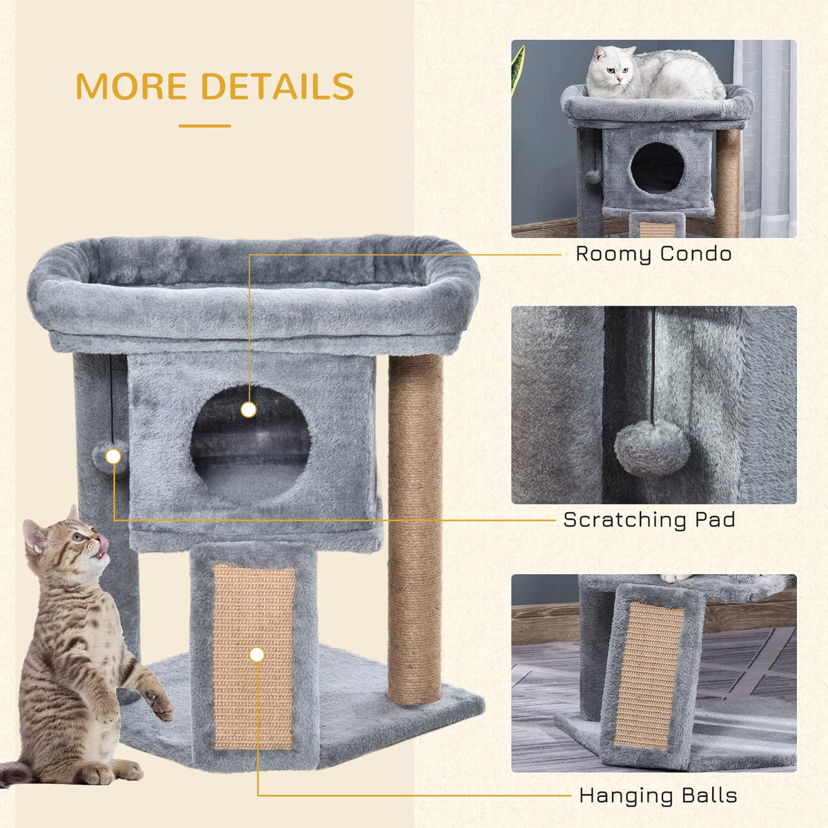 Cat Tree, Small Cat Tower with Perch, Scratching Post, Cat Condo, Toy Ball for Kitty, Indoor Use, Grey