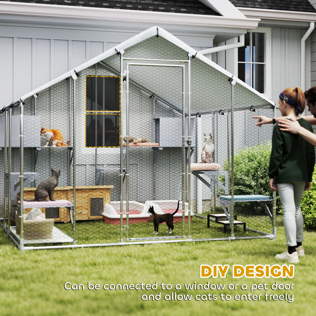 95" Extra Large Metal Outdoor Catio with Waterproof Cover, 2 Resting Boxes, 7 Jumping Platforms, for Multiple Cats