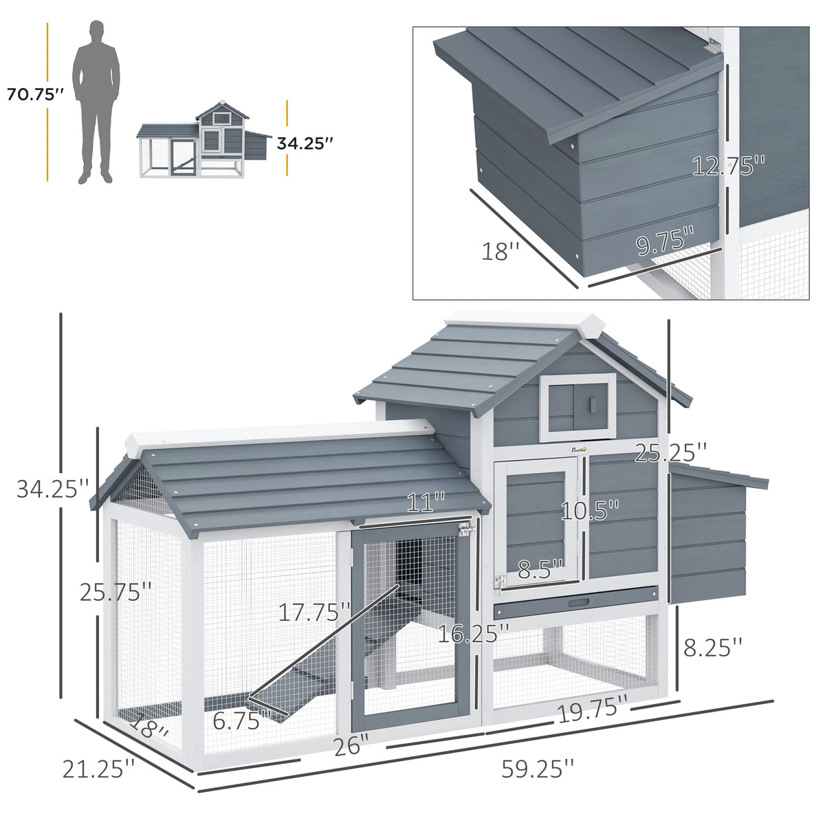 59" Small Wooden Chicken Coop Hen House Poultry Cage for Outdoor Backyard with 2 Doors, Nesting Box and Removable Tray, 