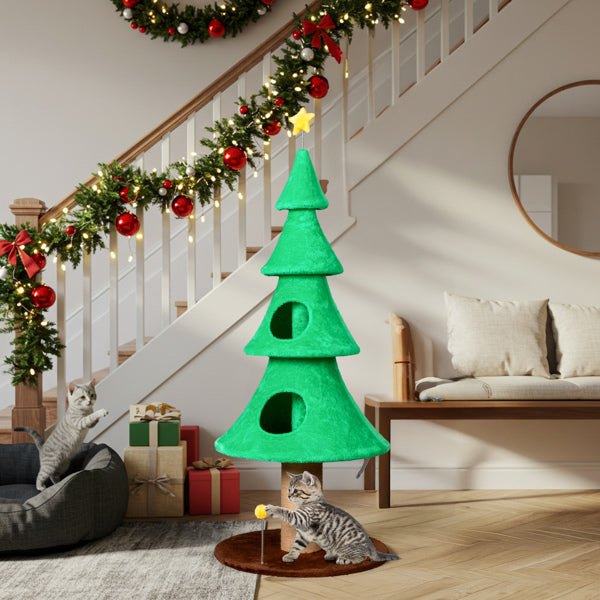 59in Large Tall Christmas Tree Cat Tower With 2 Cat Condos & Scratching Post, Soft Fleece Cat Tree With Teaser Toy & Stu