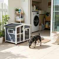 Large Dog House Cabin-Style Wooden Pet Shelter with Openable Roof And Giant Window Gray