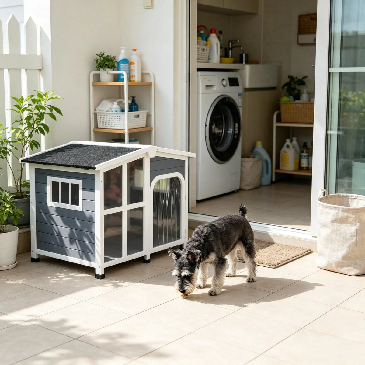 Large Dog House Cabin-Style Wooden Pet Shelter with Openable Roof And Giant Window Gray