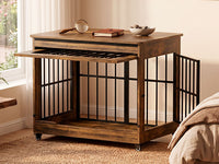 46in Large Dog Crate Furniture, Double Door Wooden Indoor Dog Kennel Furniture, Decorative Pet Cage End Table With Wheel