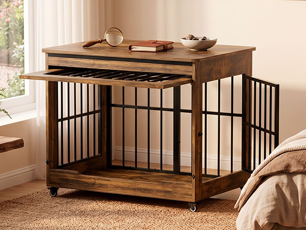 46in Large Dog Crate Furniture, Double Door Wooden Indoor Dog Kennel Furniture, Decorative Pet Cage End Table With Wheel