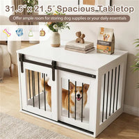 31.5" Dog Crate Furniture With Sliding Barn Door, Wooden Dog Kennel End Table For Indoor Use - White