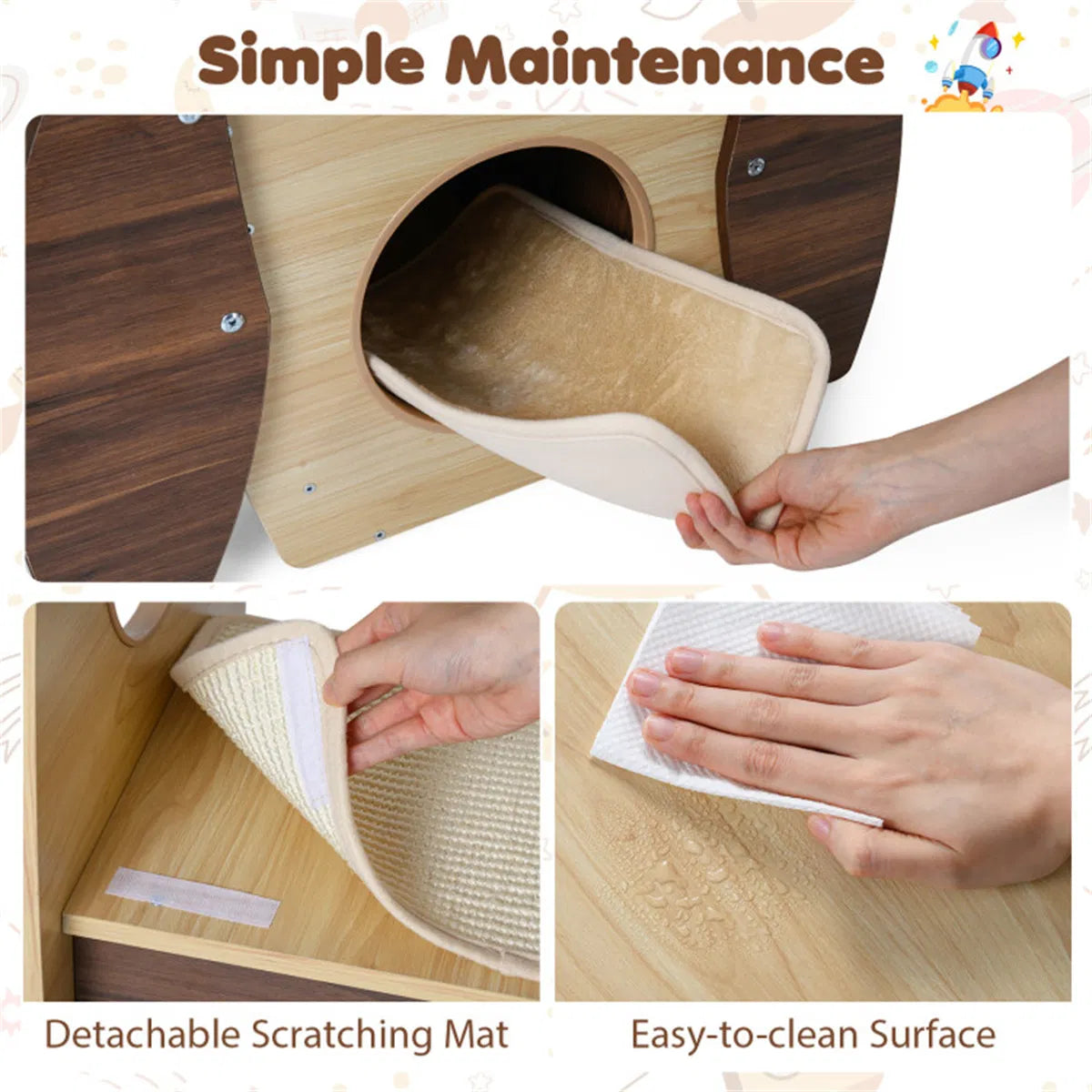 4-Tier Rocket Shape Cat Tree with 2-Tier Condo Sisal Scratch Pad Hanging Pompom Natural+White