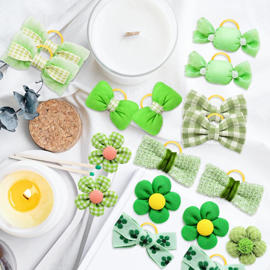 20Pcs Green Dog Hair Bows With Rubber Bands For Small Medium Dogs