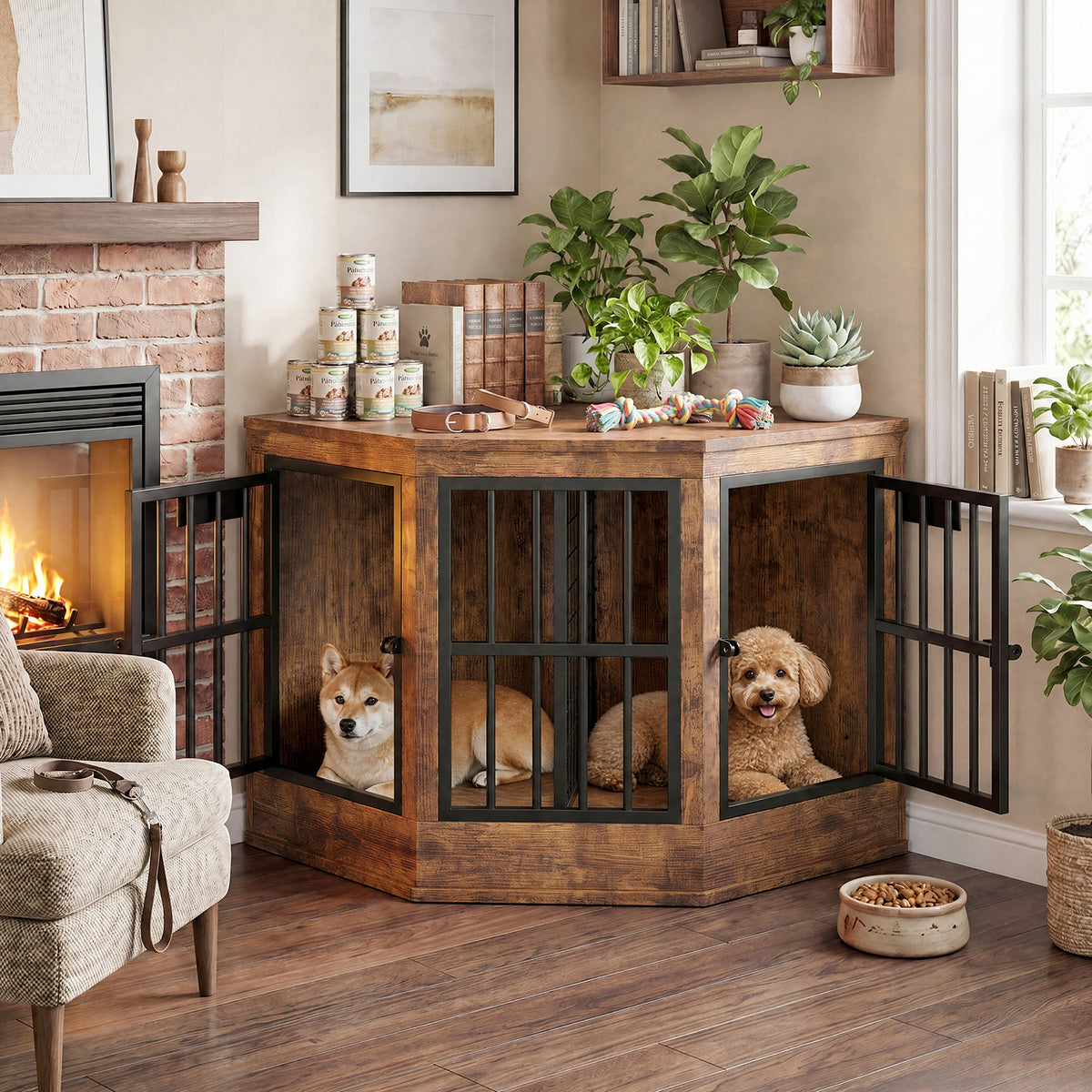 Corner Dog Crate Furniture Modern Indoor Dog Cage Decorative Pet House TV Stand For Medium And Large Sized Dogs Brown