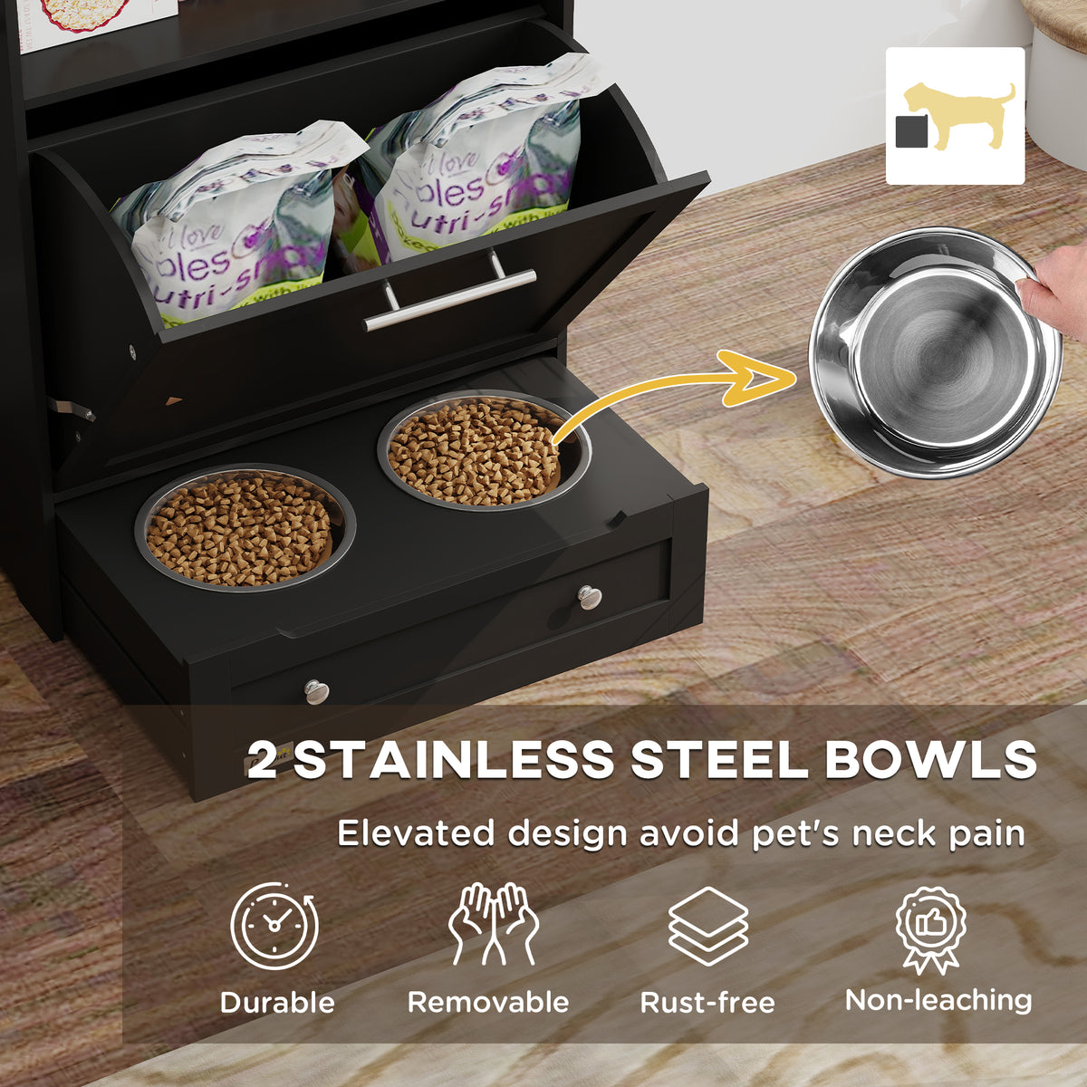 Pet Feeder Station Storage Cabinet, Dog Food Storage Container with Dog Raised Bowls, Watering Supplies, Black