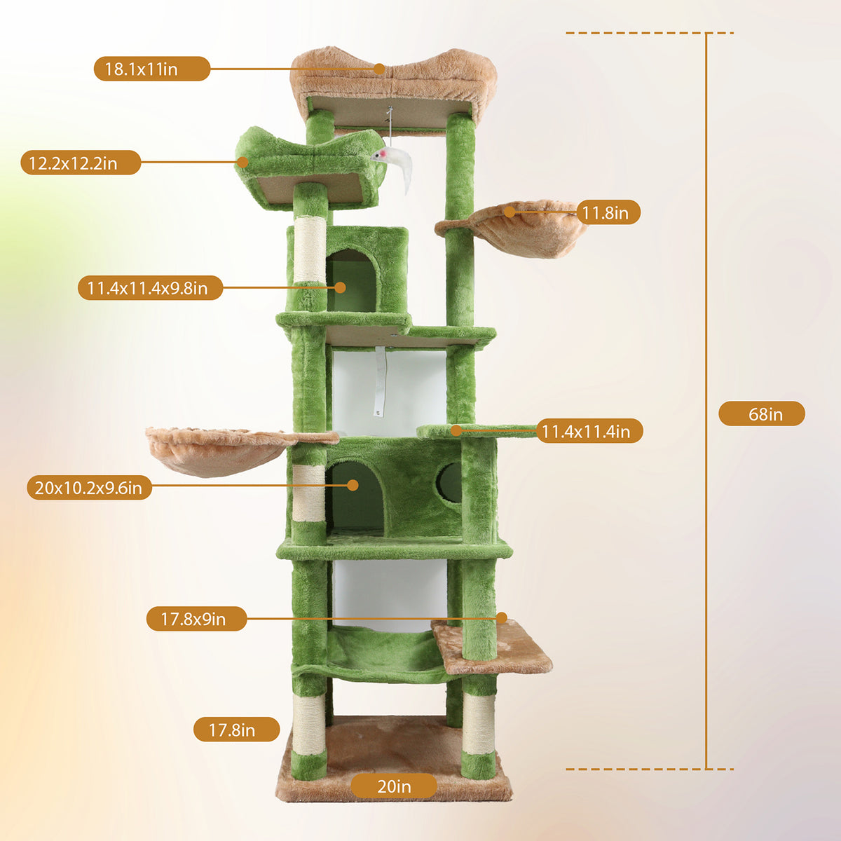 68in Tall Multi-Level Green Cat Tree with Hammocks, Hanging Basket, Cat Cave, Removeable Cushion, Scratching Posts - Plu