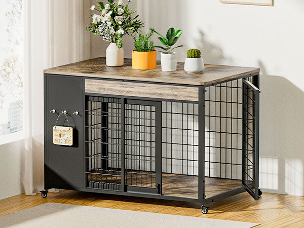 38in Dog Crate Furniture - Dog Crate With DIY Frame, Sliding Door Indoor Kennel, Wooden Dog Cage End Table, For Medium-L