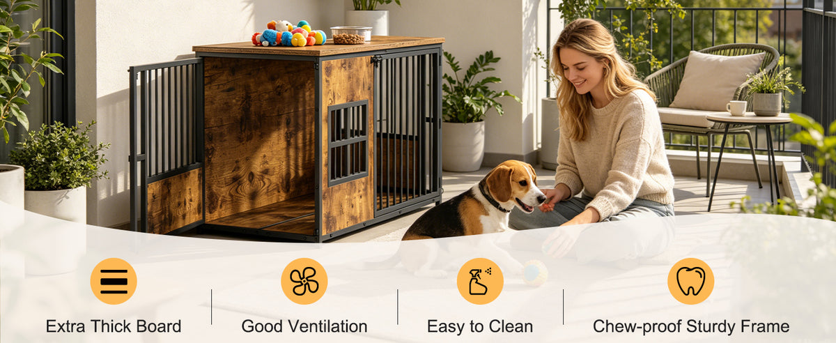 Wooden Dog Crate Furniture, Large Dog Kennel with Storage Top, Indoor Pet Cage