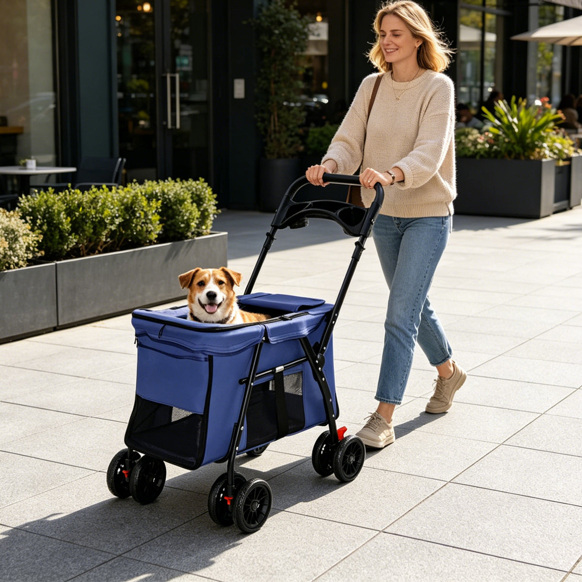 Pet Stroller, Foldable 4-Wheel Design, Breathable Mesh Dog Cat Stroller with Shockproof Wheels, Brake System, Storage Tr