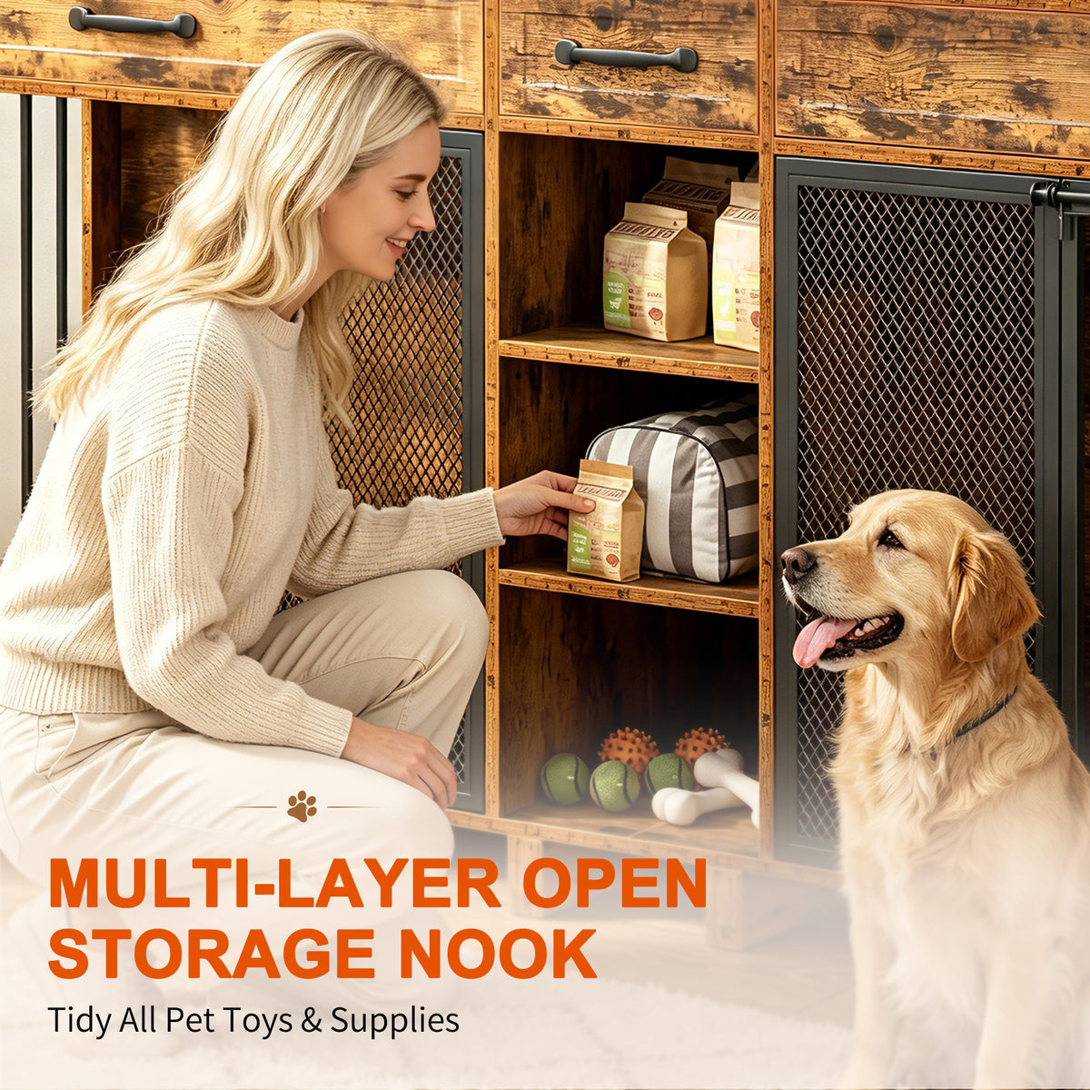 Large Wooden Dog Crate Furniture, Multi-Functional Pet Cage Cabinet with Storage