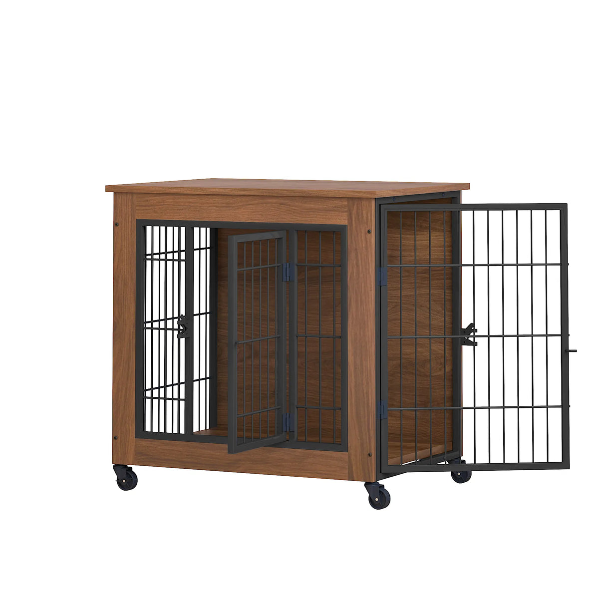 27.2" Dog Crate Furniture with Wheels for Small Dogs, Heavy Duty Dog Kennel Indoor with 2 Doors, Wooden Pet Cage End Tab
