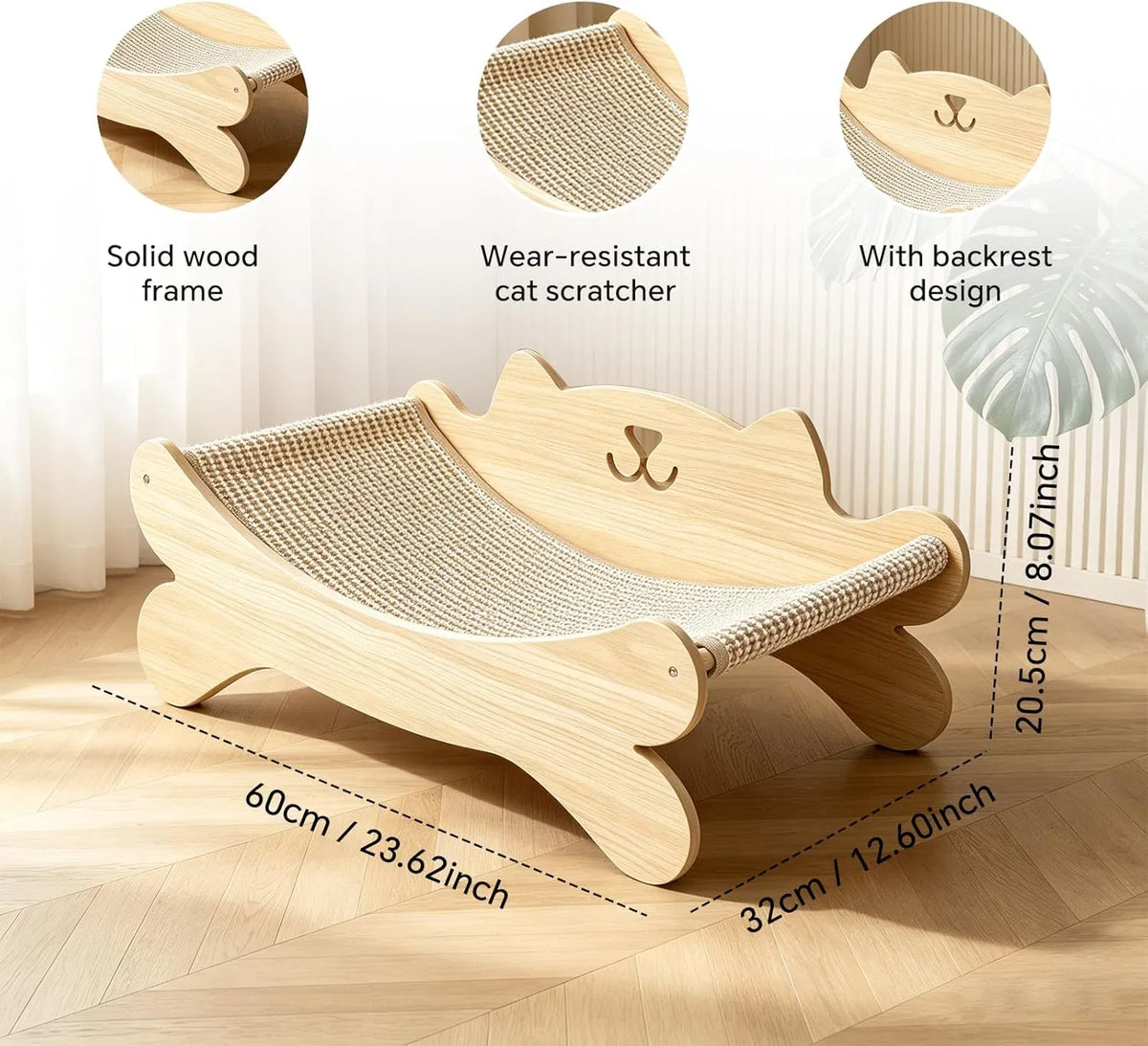 Cat Scratcher Bed for Indoor Cats Kitten Bed Cat Hammock with Solid Wood Frame Wear Resistant Sisal Backrest Design Cats