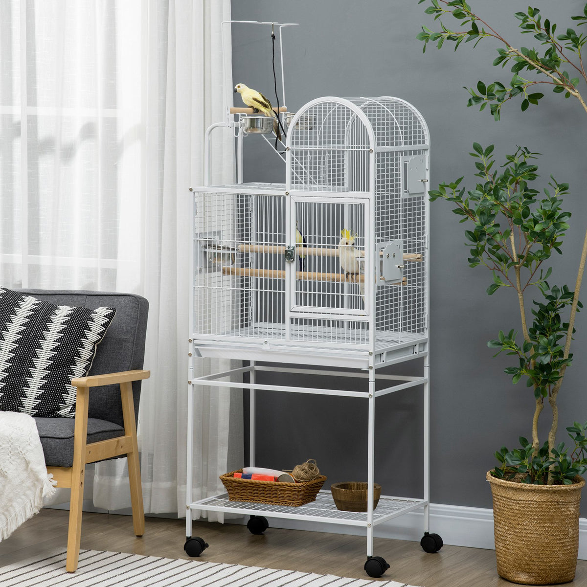 55" Large Parrot Cage with Toy Hooks Above Top Bird Perch, Tray, Food Cups, Rolling Stand, Bird Cage for Cockatiels, Par