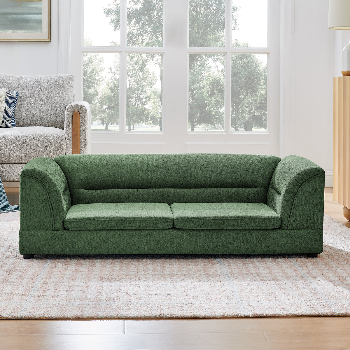 Oversized Pet Sofa, Curved Armrest Rectangular Dog Sofa, Linen Fabric Comfort Pet Couch for Large & Oversized Dogs-Olive