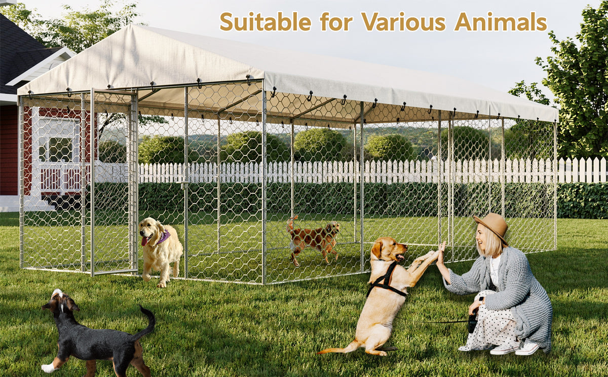 10x20 FT Large Outdoor Dog Kennel with Canopy, Heavy Duty Galvanized Steel Frame, Waterproof Cover, All-Weather Protecti