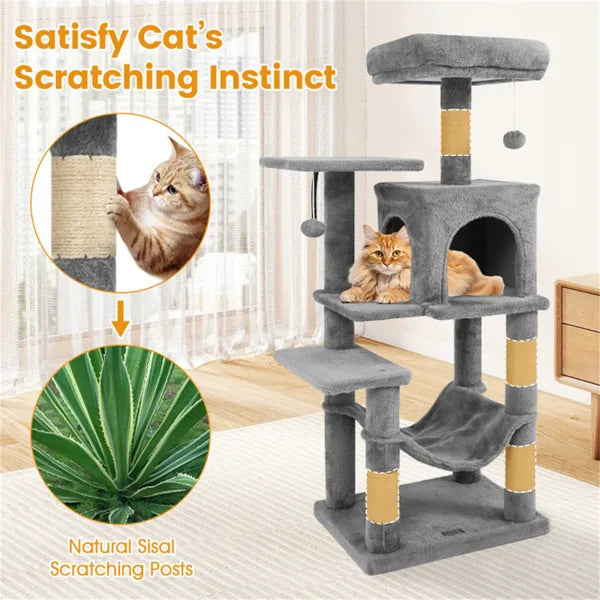 44" Multi-Level Cat Tree With Spacious Top Perch, 2-Door Condo & Hammock For Indoor Cats -Light Gray