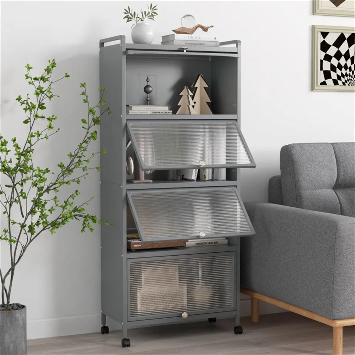 5-Tier Rolling Microwave Stand Flip Dust-Proof Doors 4 Casters with Brakes Kitchen Storage Rack Gray