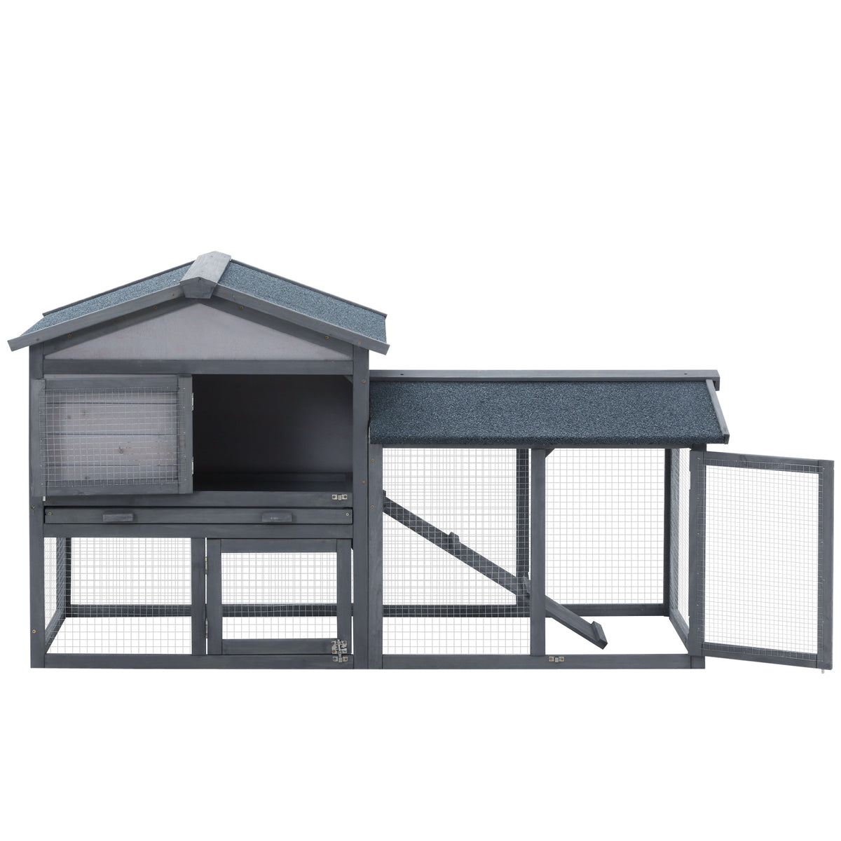 58" Large Rabbit Hutch Outdoor Indoor, Wooden Bunny Hutch, Guinea Pig Cage with Run, Removable Tray, Asphalt Roof, Locka