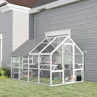 Wooden Catio Outdoor Cat Enclosure With Waterproof Cover, 2 Condos, 6 Platforms, Bridge, Doors, White