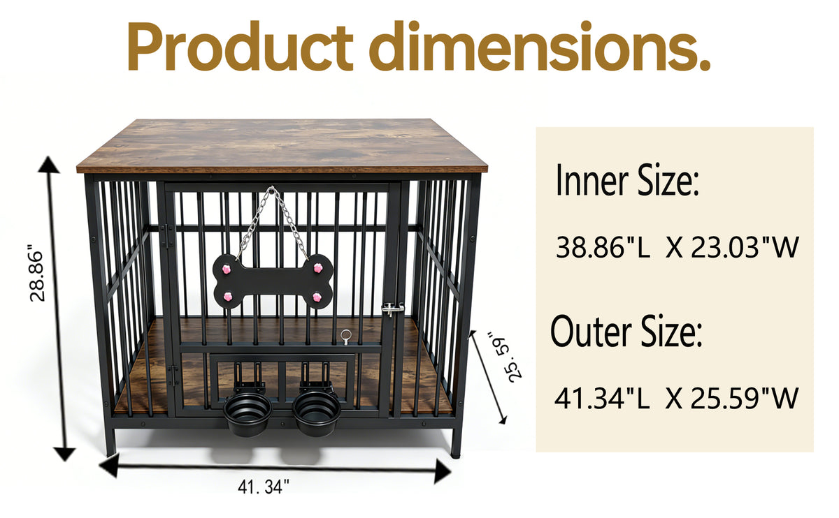 Vintage wood grain dog cage edge,360 degree rotating bowl with safety grade soft silicone material