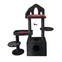 Black Gothic Cat Tree, Multi-Level Spooky Cat Tree with Scratching Posts, Perches, Hammock, and Cat Cave - Black Cat Tow