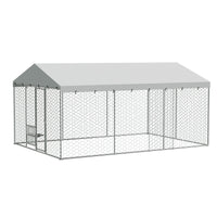 15x10 FT Large Outdoor Dog Kennel with Canopy, Heavy Duty Galvanized Steel Frame, Waterproof Cover, Built-in Elevated Fe