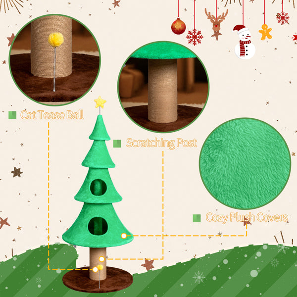 59in Large Tall Christmas Tree Cat Tower With 2 Cat Condos & Scratching Post, Soft Fleece Cat Tree With Teaser Toy & Stu