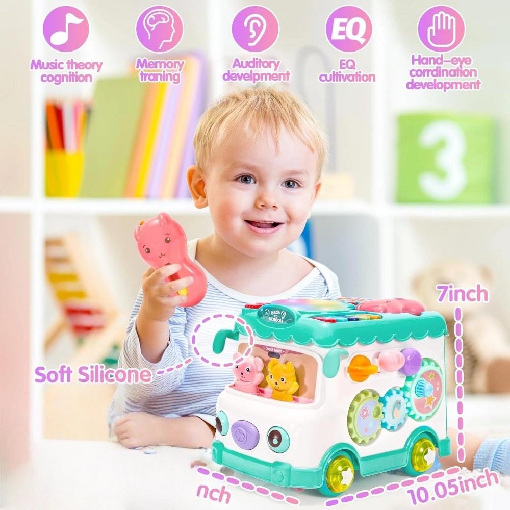 Baby Activity Bus Toy Set 6-in-1 Multifunctional Musical Learning Bus Includes Mini Car & Building Blocks Early Educatio