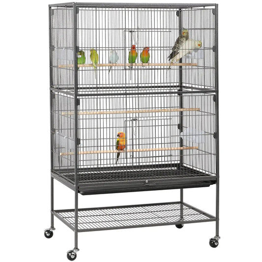 Metal 52-Inch Large Rolling Bird Cage with 3 Perches 4 Feeders - BIG FRENCHIES