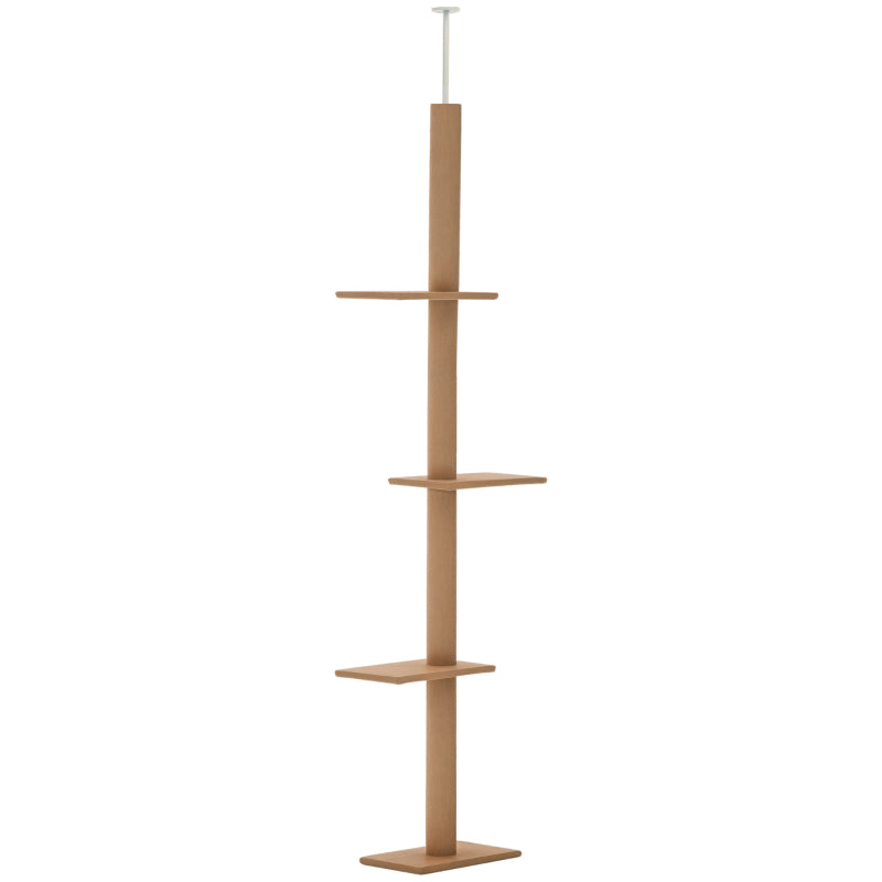 PawHut Floor-to-Ceiling Cat Tree Cat Climbing Tower With Sisal-Covered Scratching Posts Natural Cat Tree Activity Center