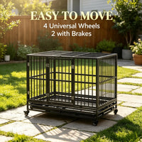 48" Heavy Duty Metal Dog Crate Kennel with Lockable Wheels Double Door Removable Tray Gray