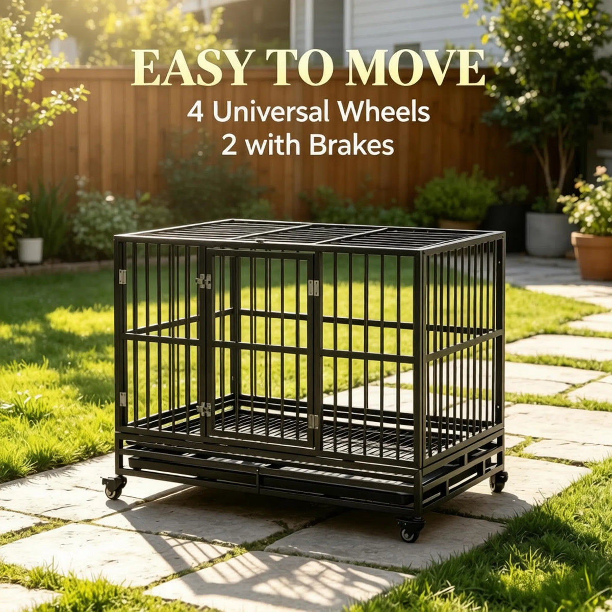 48" Heavy Duty Metal Dog Crate Kennel with Lockable Wheels Double Door Removable Tray Gray