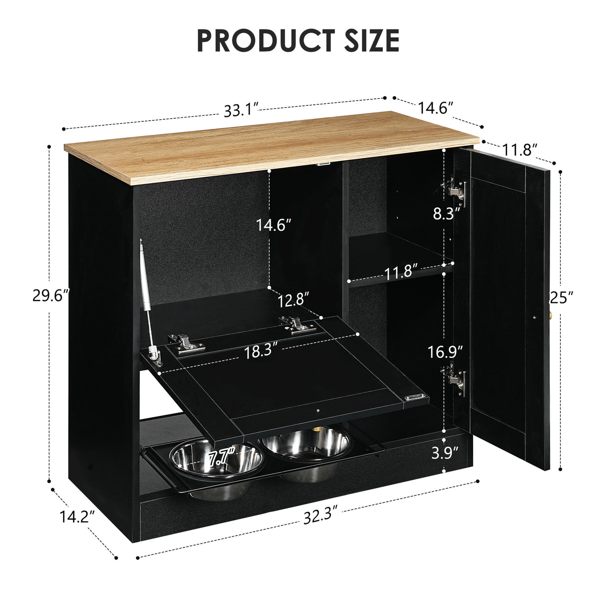 Feeding station with 2 lockers, pet feeding station with 2 elevated dog bowls, side hooks, anti-tipping kit, hidden pet 