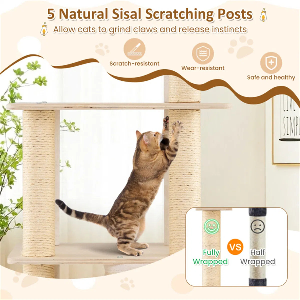 63" Wooden Cat Tree - 2-Story Condo with Bamboo Interior, 5 Sisal Scratching Posts, 44 lbs Per Layer Capacity